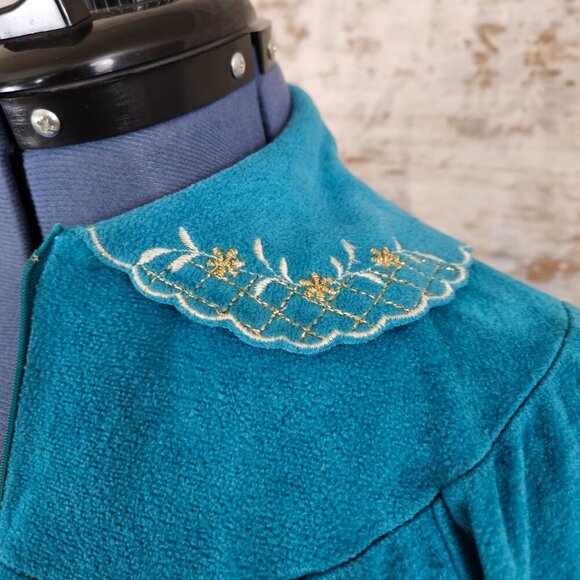 Vintage 1980s Robe Teal Blue Green M Made in USA Long Length Grandma Core - Picture 9 of 11